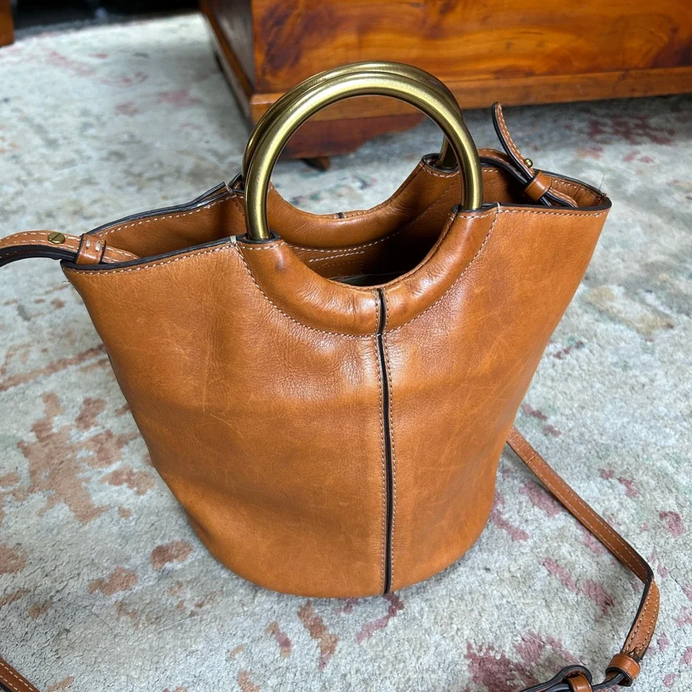 J.Crew Bucket Bag Womens Small Brown Solid Leather Ring Handle Crossbody H0515